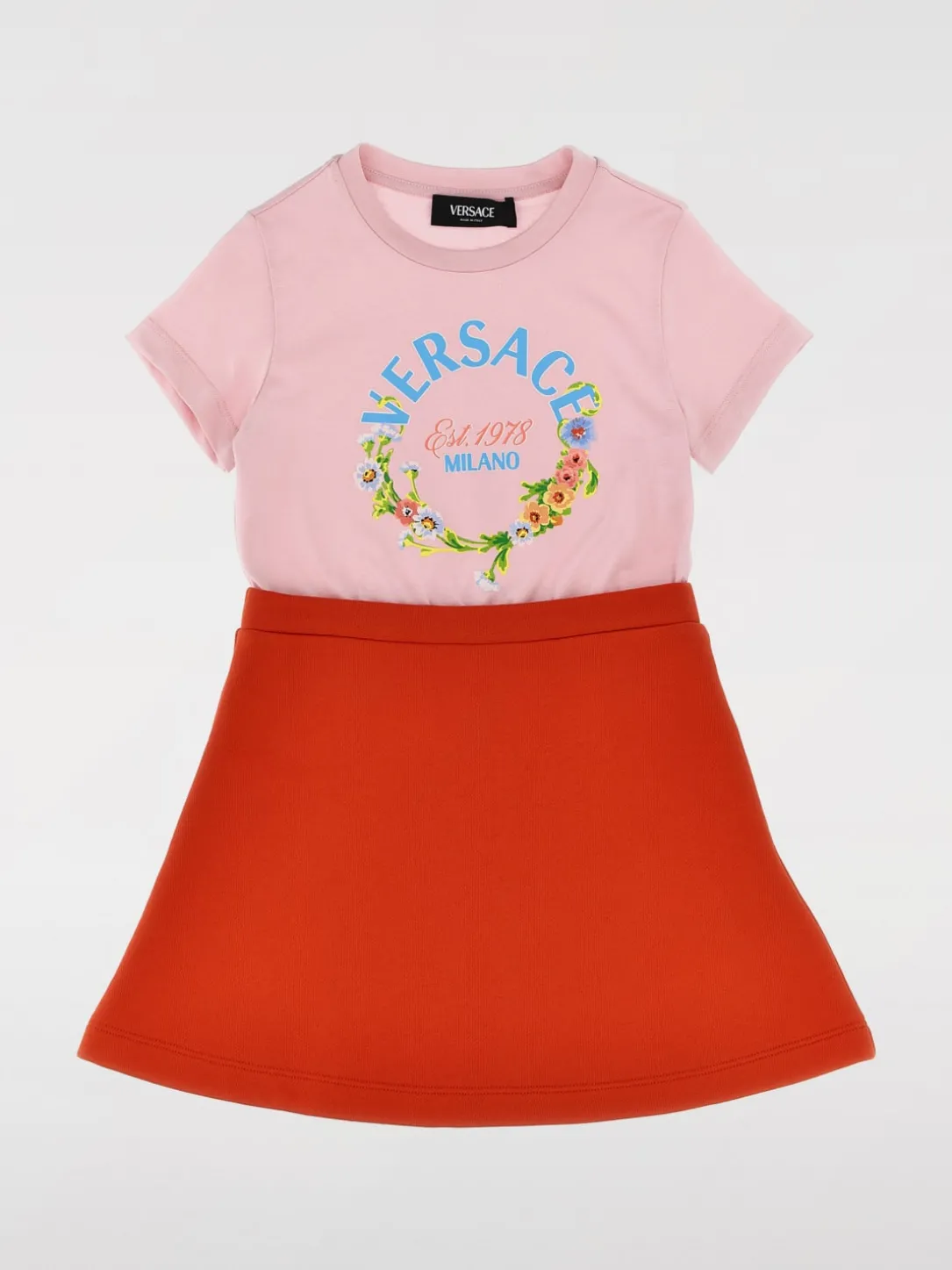 Abito in cotone bicolor con logo floreale Versace