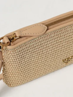 Borsa piccola piatta in rafia laminata con tracolla Pinko