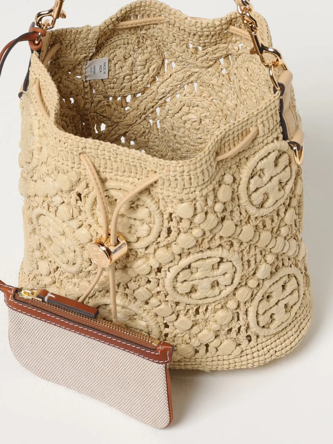 Borsa T Monogram Tory Burch in rafia crochet