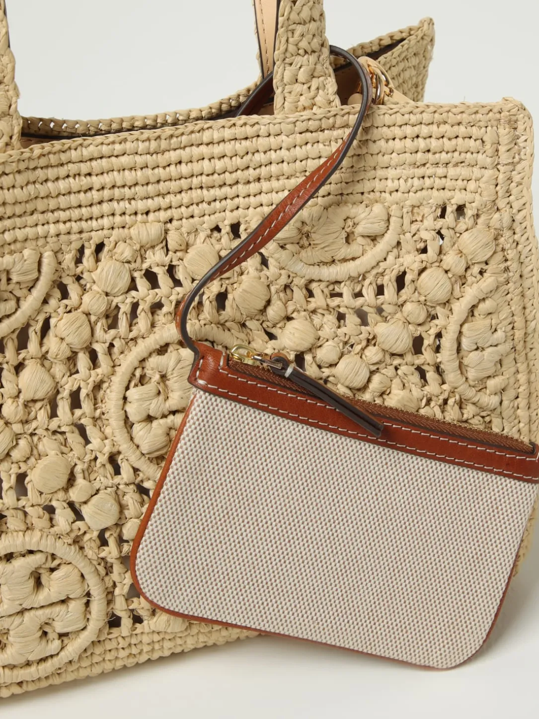 Borsa T Monogram Tory Burch in rafia crochet