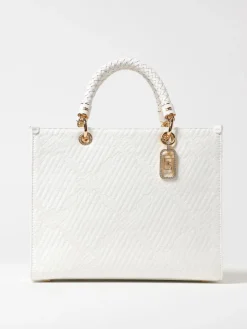 Borsa tote Elisabetta Franchi in rafia e tessuto con logo jacquard