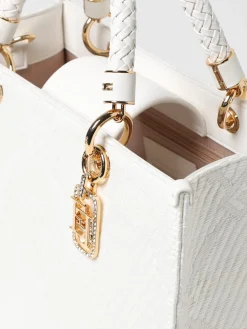 Borsa tote Elisabetta Franchi in rafia e tessuto con logo jacquard