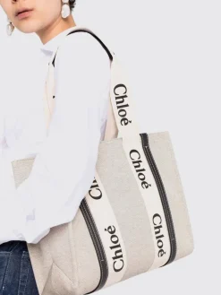 Borsa Woody Chloé in canvas di lino