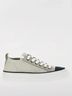 Sneakers Brunello Cucinelli in pelle e maglia crochet con monile