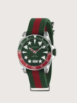 Steel case, green and red bezel, green rubber crown, green dial